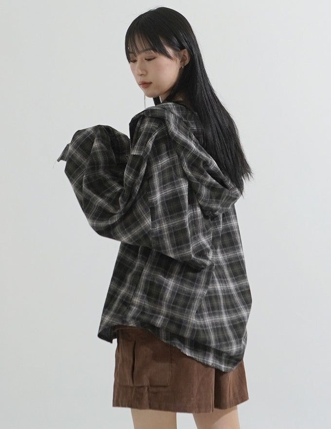 Retro flannel check hood shirt