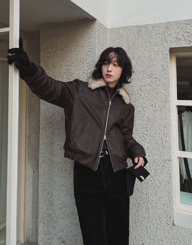 [premium] Frame Raccoon Collar Leather Jacket
