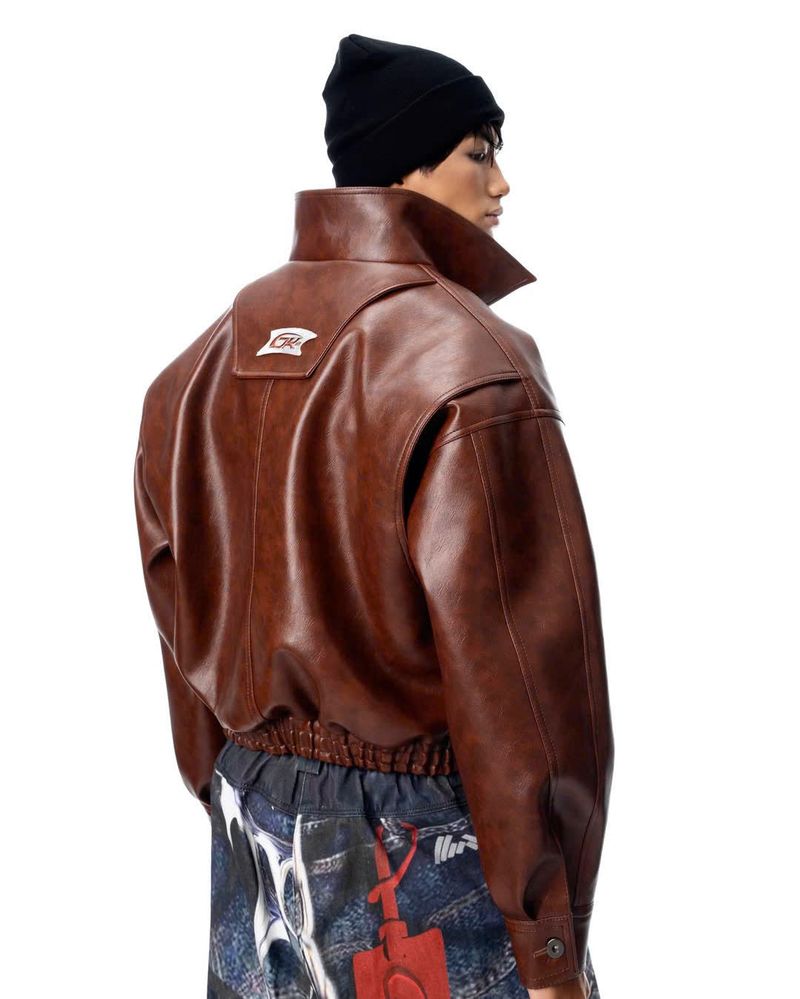 OVERSIZED LEATHER BOMBER JACKET (Brown)