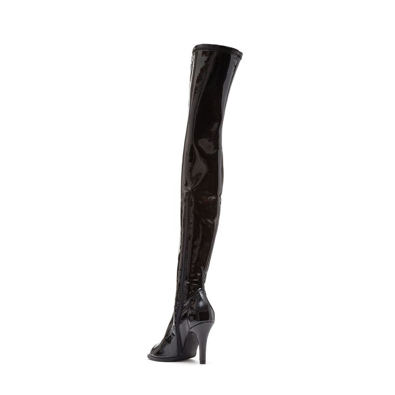 Thigh High Open Toe Heel Boots(Glossy Black)