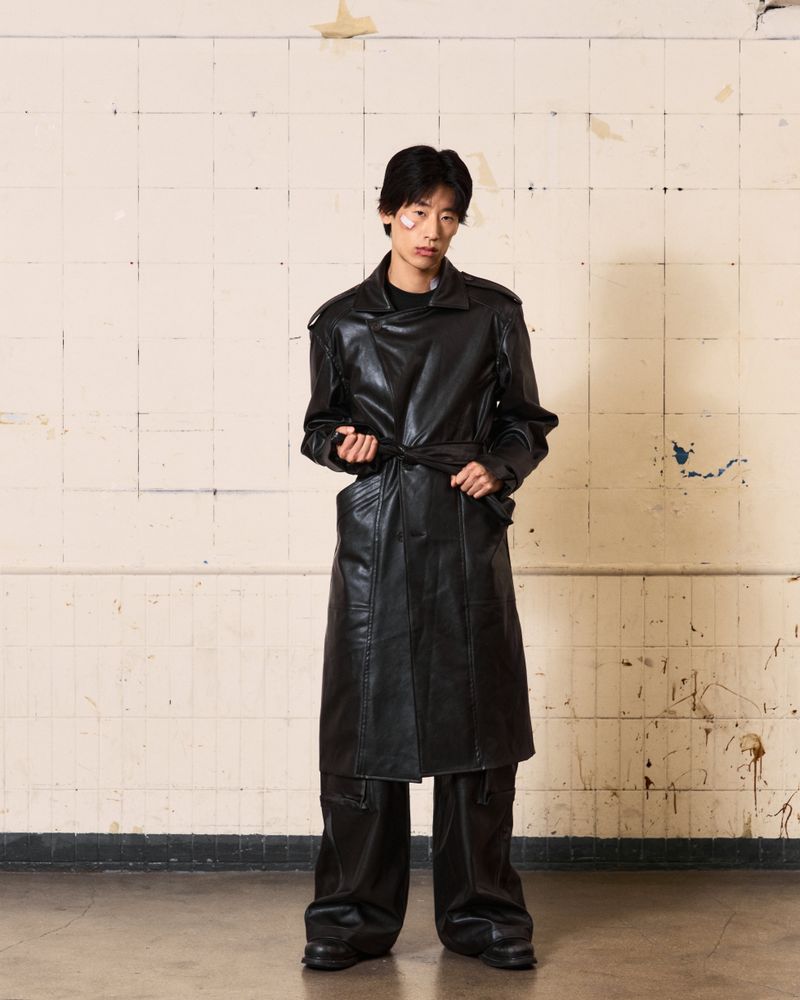 Curved Leather Trench coat (Black)