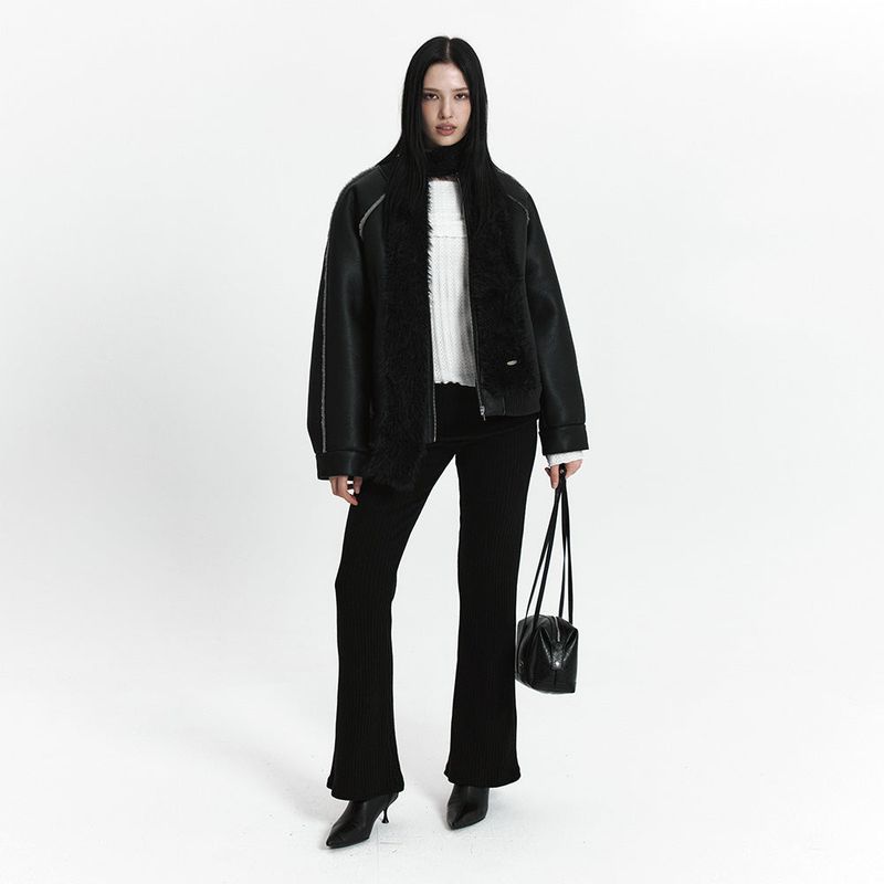 C LINE TRIM FAUX SHEARLING JACKET_BLACK