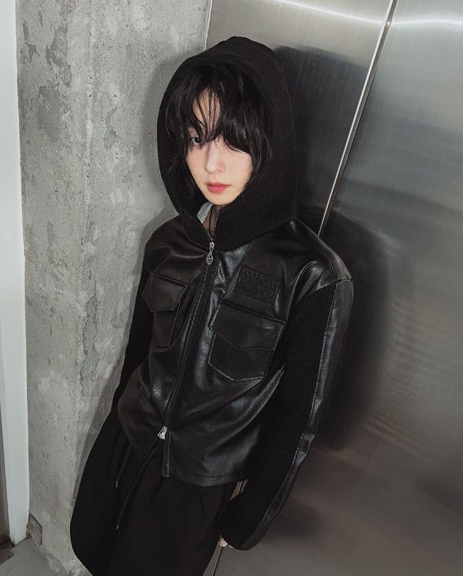 [LANARCH] Noble Leather Pocket Hooded Zip-Up
