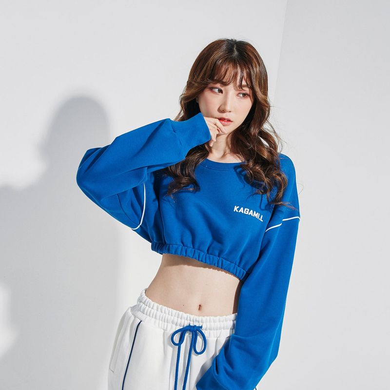 Oversize Line Point Crop Sweat shirt Blue