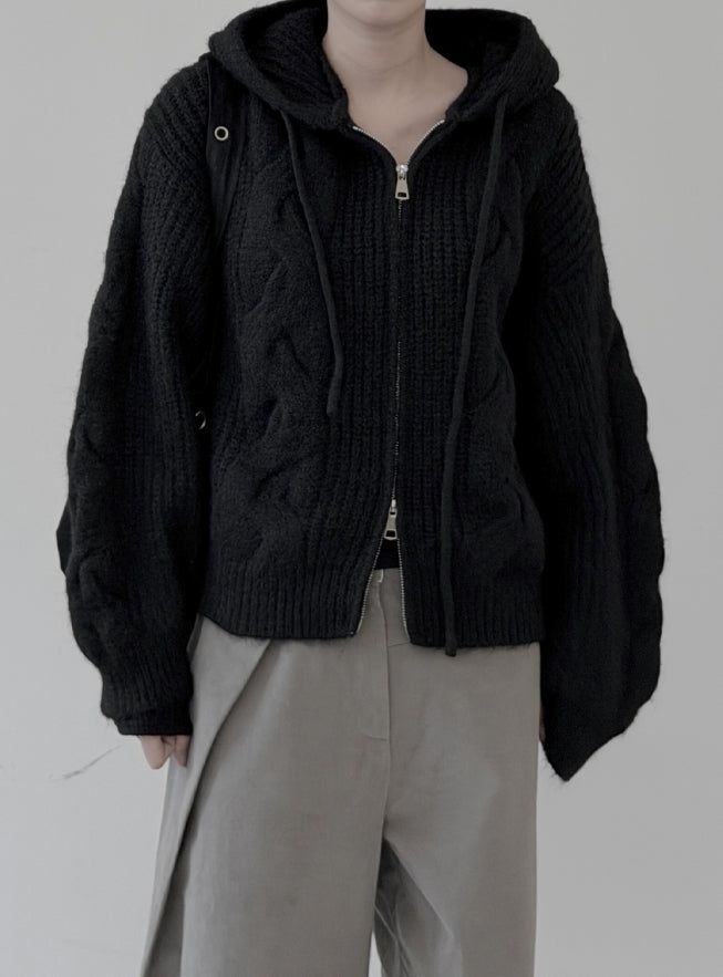 Cable Two-Way Knit Hood Zip-Up