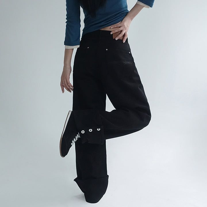 [Pied] Button Roll-Up Semi-Wide Cotton Pants - 2 color