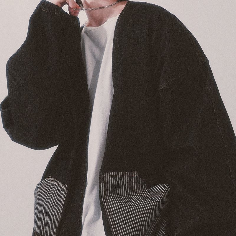 stripe patch denim cardigan_black