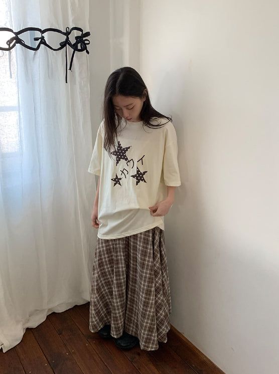 Hari Check Unbalanced Slit Long Skirt