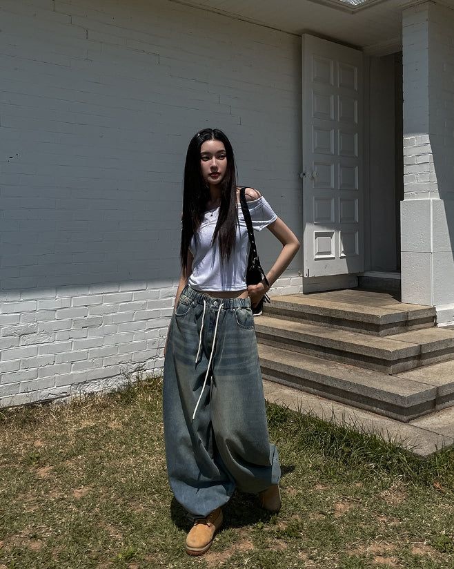 Fit String Banded Balloon Denim Pants