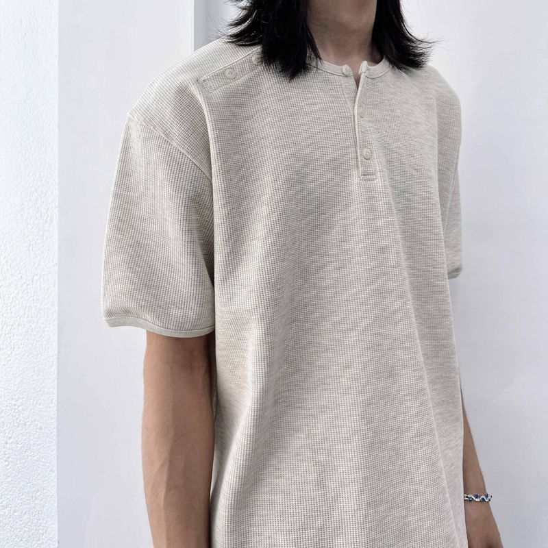 Button Shoulder Henley Waffle Tee