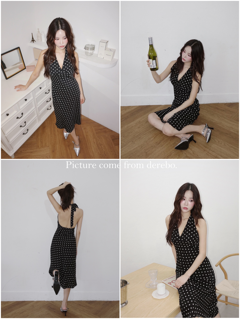 dot halter-neck sleeveless V-neck long dress
