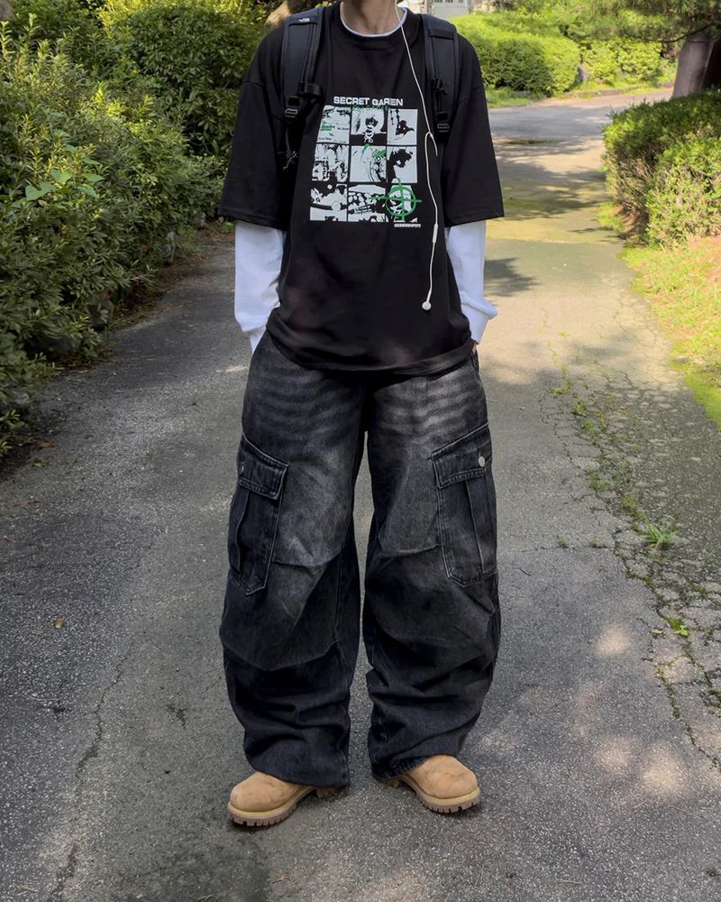 Bern diagonal cargo wide denim pants