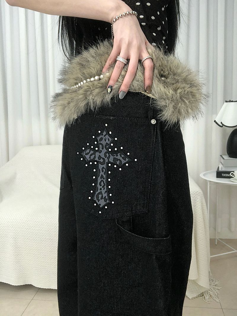 Stud Cross Wide Denim Pants