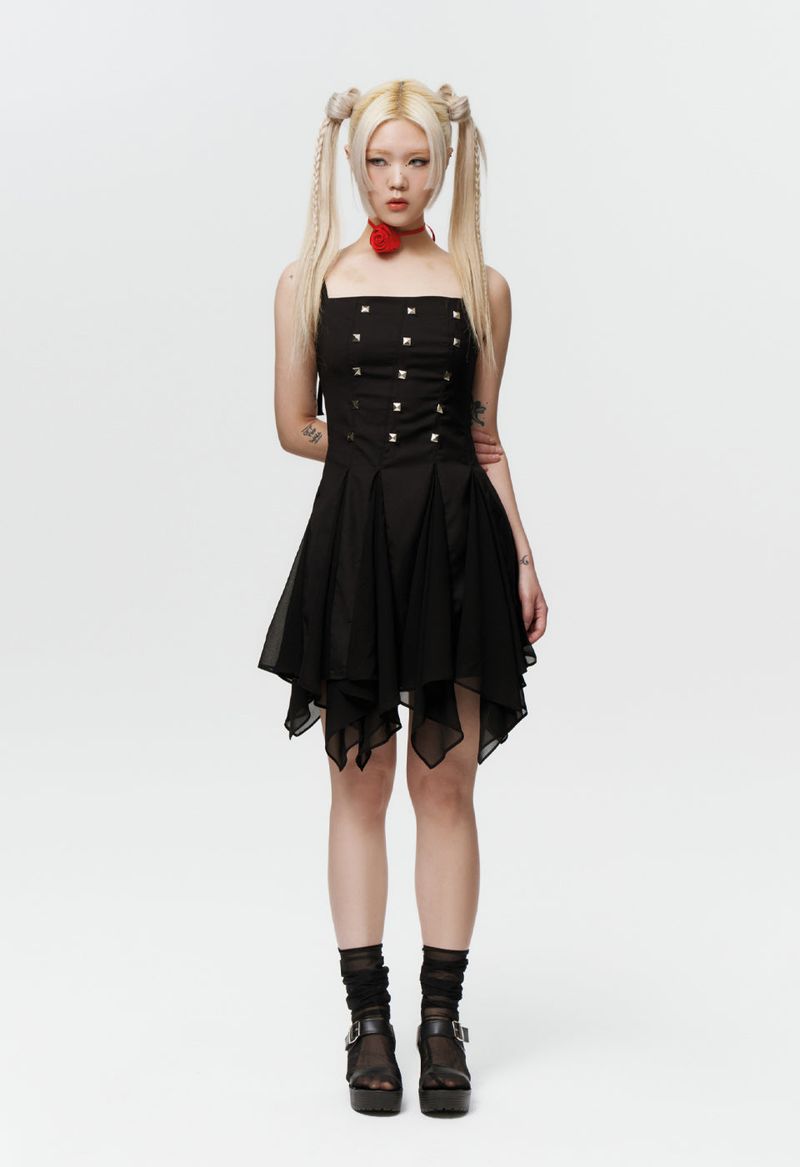  STUDDED GODET DRESS (BLACK)