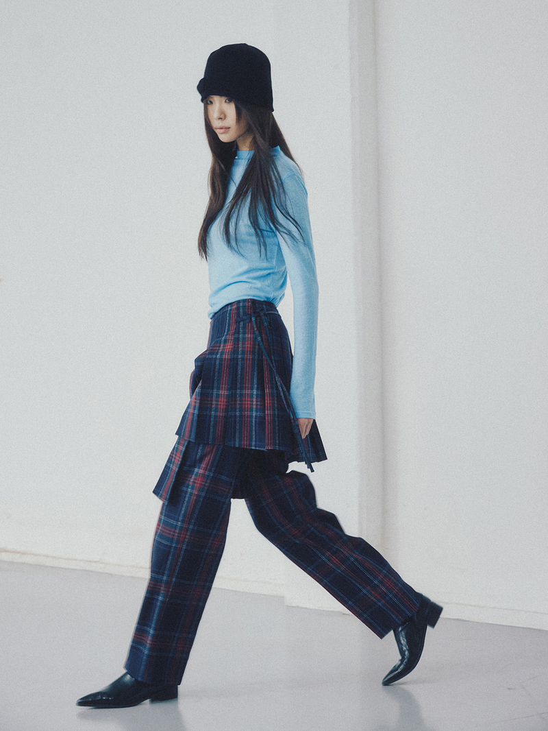Pleated Wraparound Skirt Navy Check