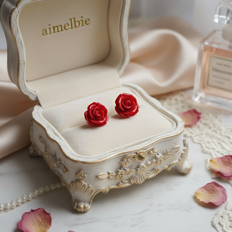 [Kwon Eunbi Piercing] Petit Rose Cabochon Piercing - Red