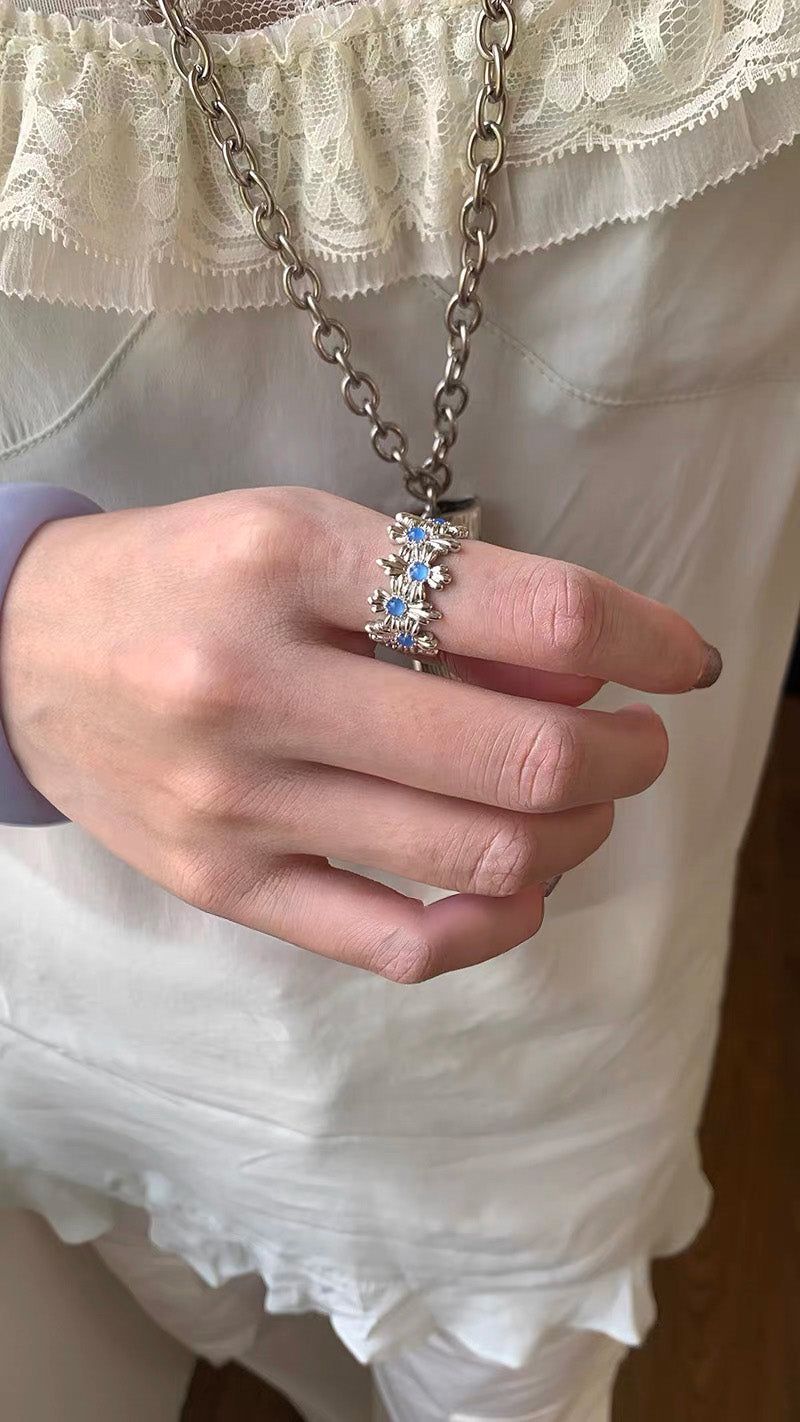 Blue flower silver open ring