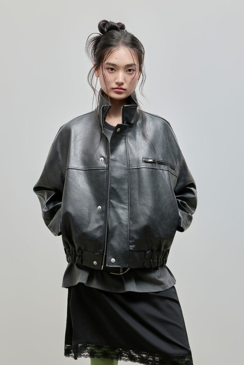 High-neck Leather Jacket_Black