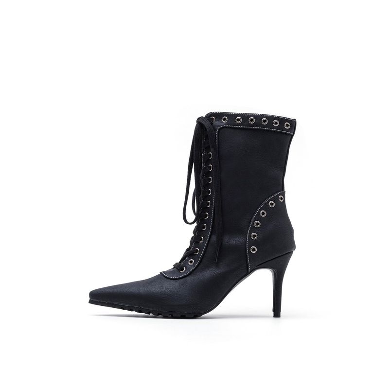 Eyelet Lace-Up Walker Heel(Black)