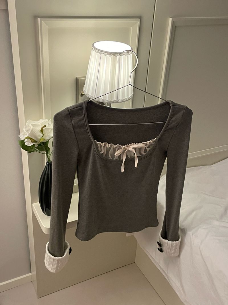 Gray Frill Mix Knit Top