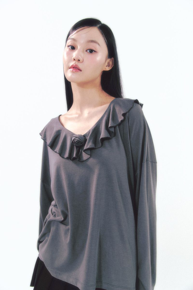 Rose Brooch Frill Long Sleeve Charcoal