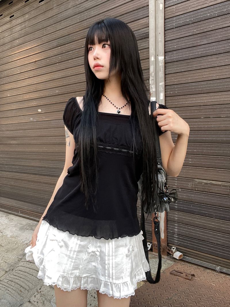 Tommy off-shoulder ribbon sheer top