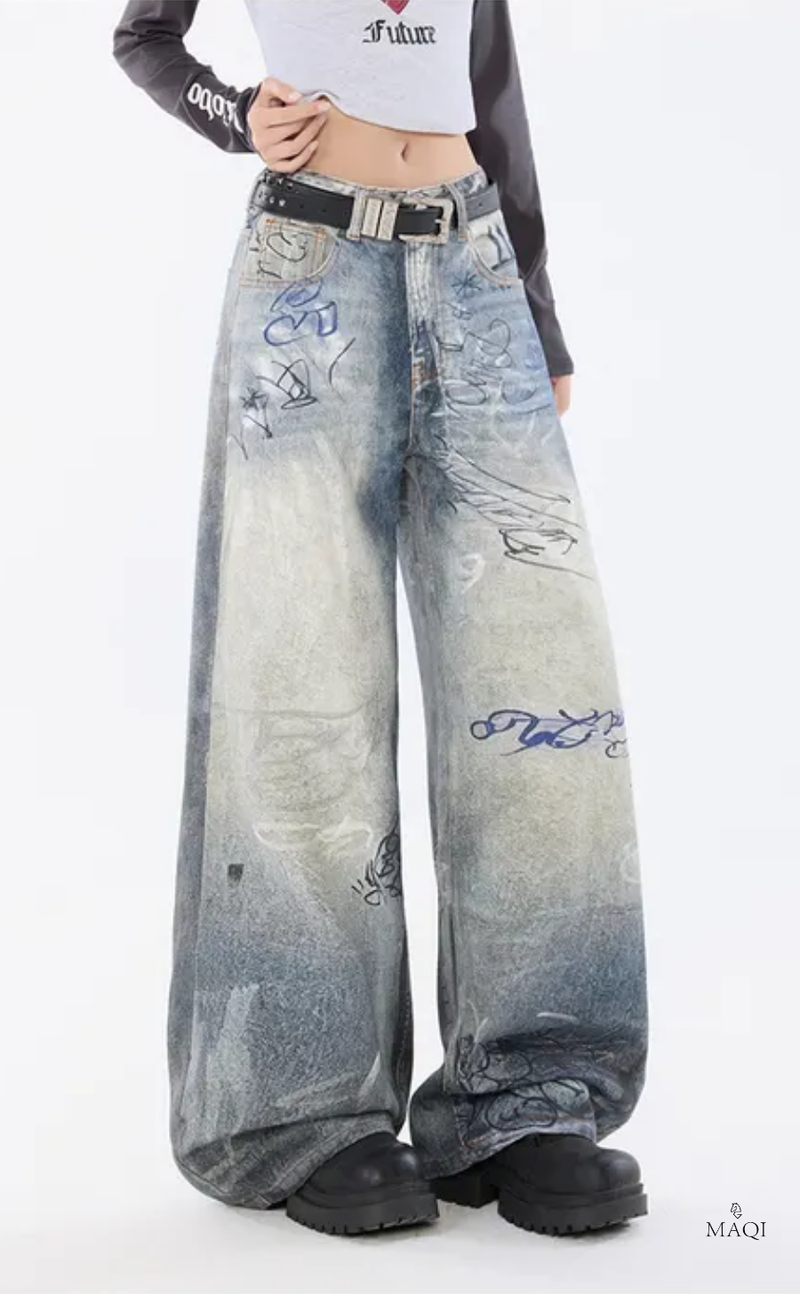 Hand-Painted Distressed High-Waisted Wide-Leg Jeans