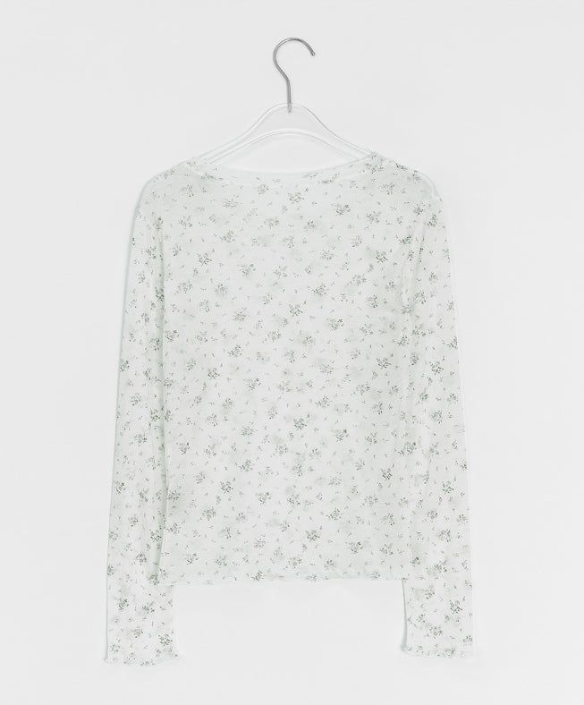 Zaina Tencel U-Neck See-through Flower Layered Long Sleeve Tee