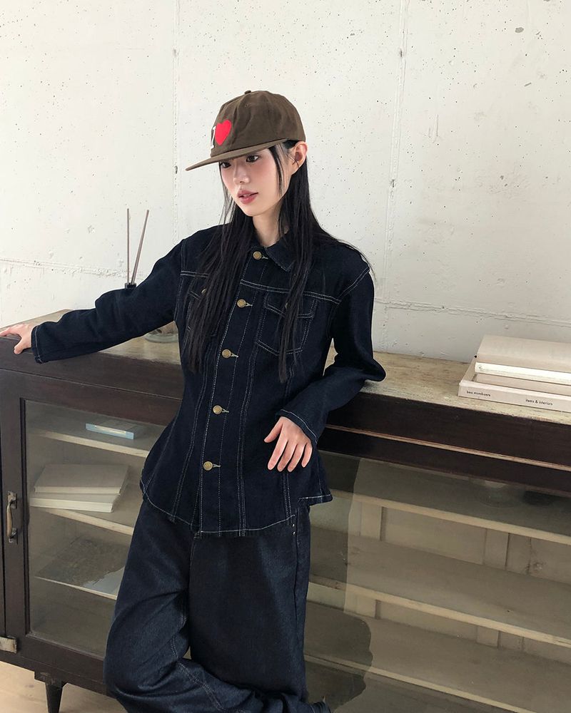 Ushi Line Pocket Denim Washed Long Sleeve Jacket
