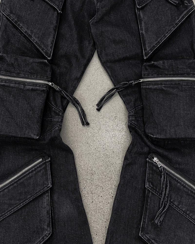BLACK-WASH DENIM CARGO FLARE PANTS