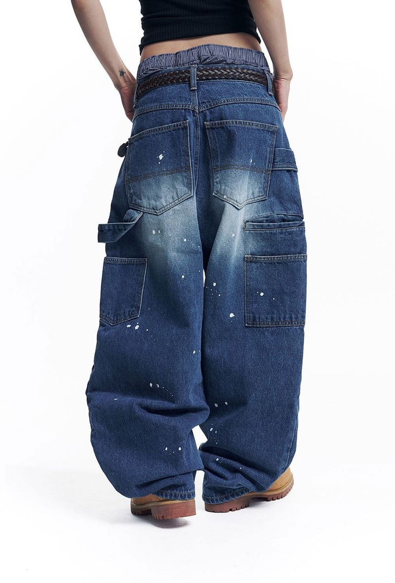 Curved Double Knee Denim Pants - Deep Blue