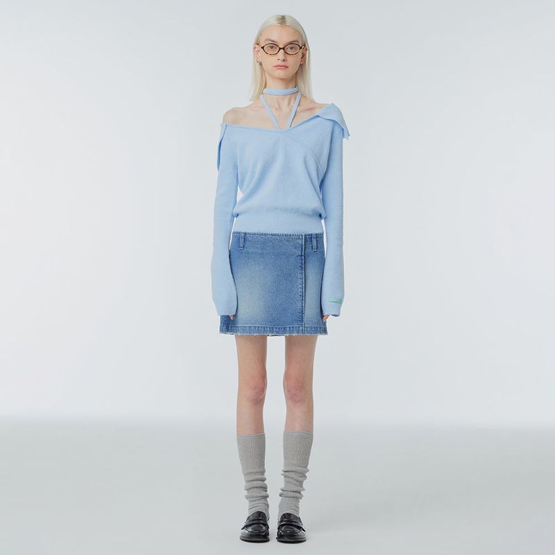 Wrap-front denim mini skirt