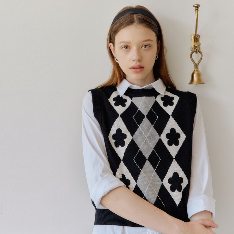 フラワージャカードベスト / FLOWER JACQUARD VEST_BLACK