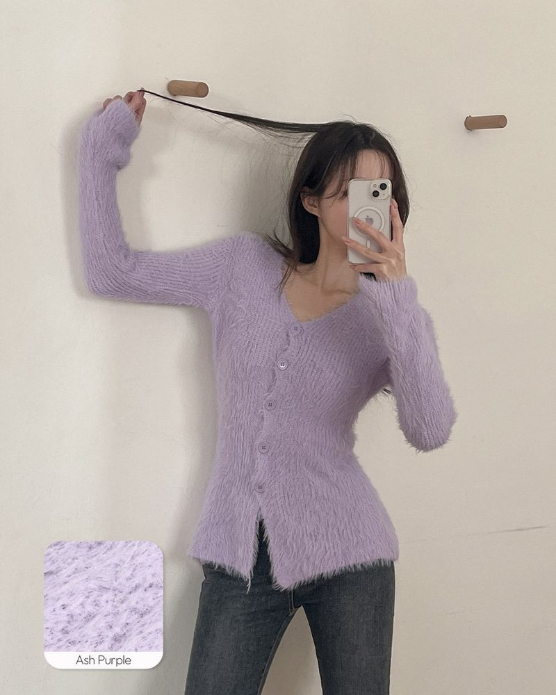 V-neck fur cardigan