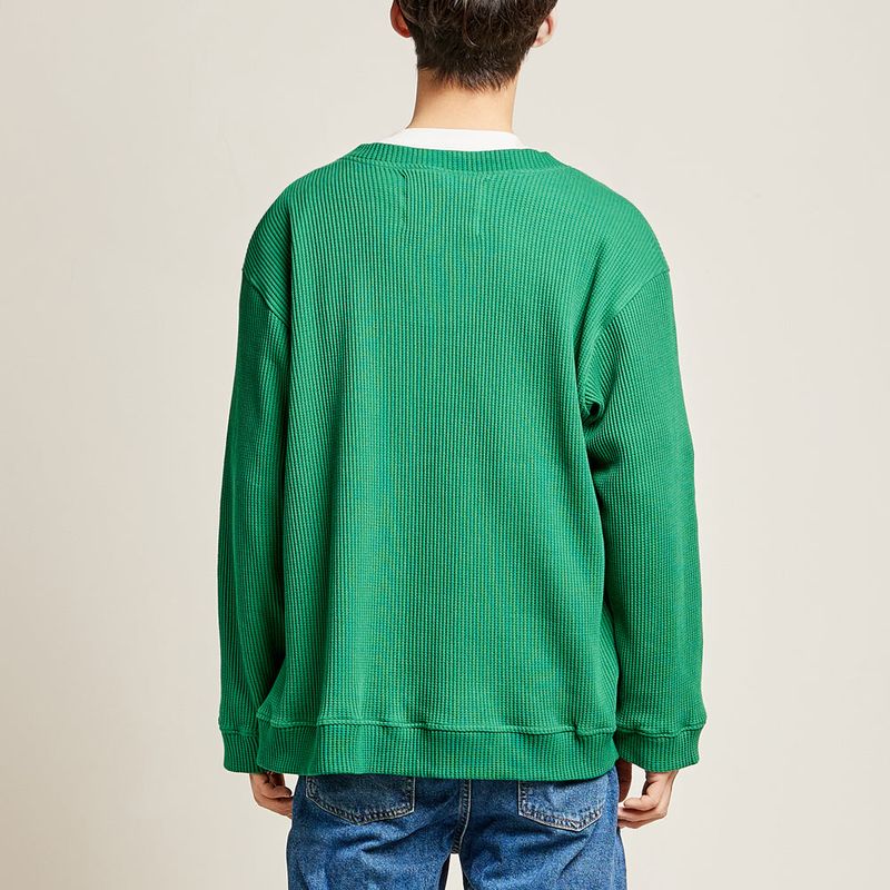 DAMP ROUND-NECK WAFFLE CARDIGAN_GREEN