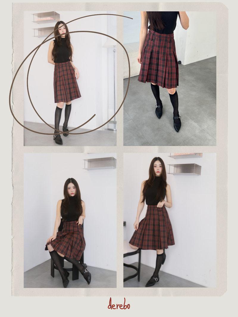 Red Preppy Checkered Midi Pleats Skirt