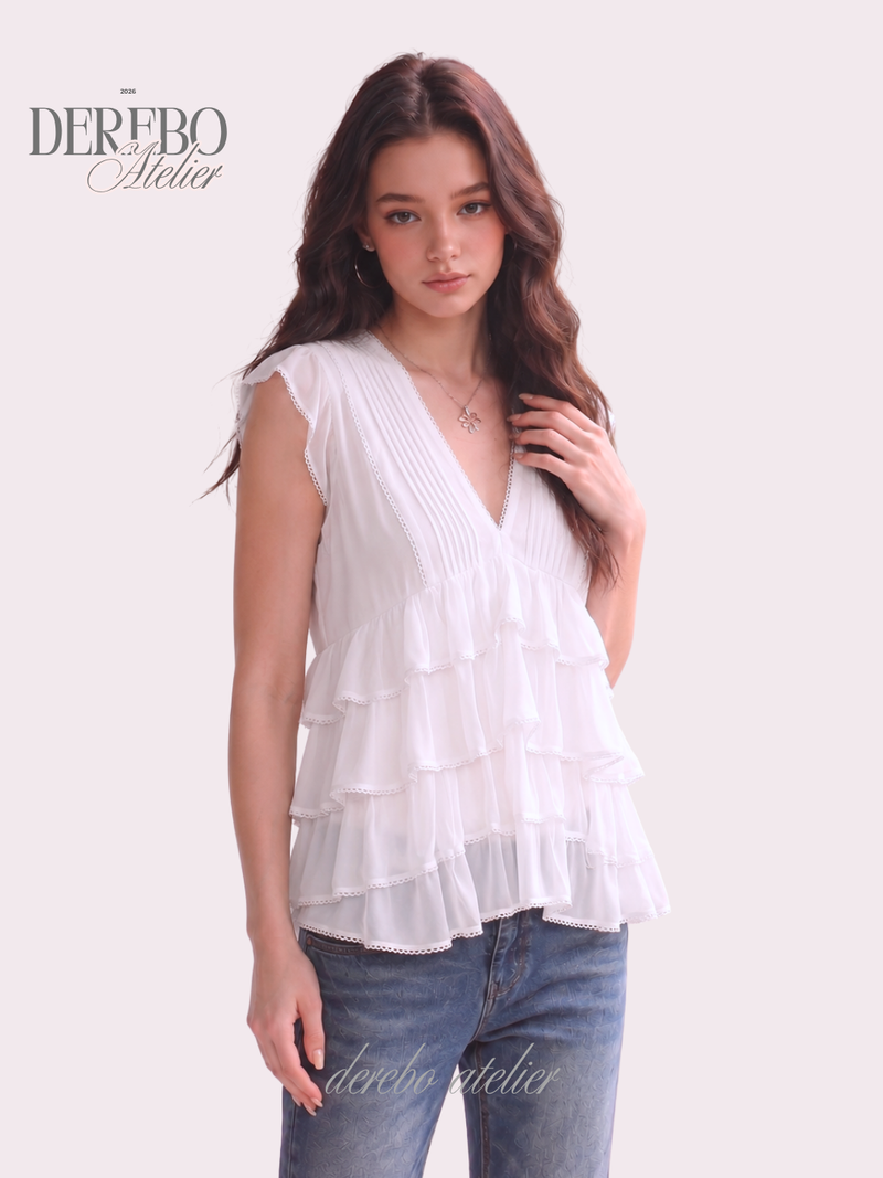 Lady Frilled Chiffon V Blouse