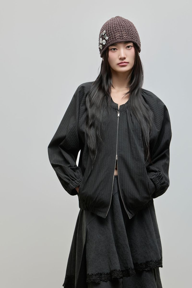 Shirring Zip-up Blouse Jumper_Black