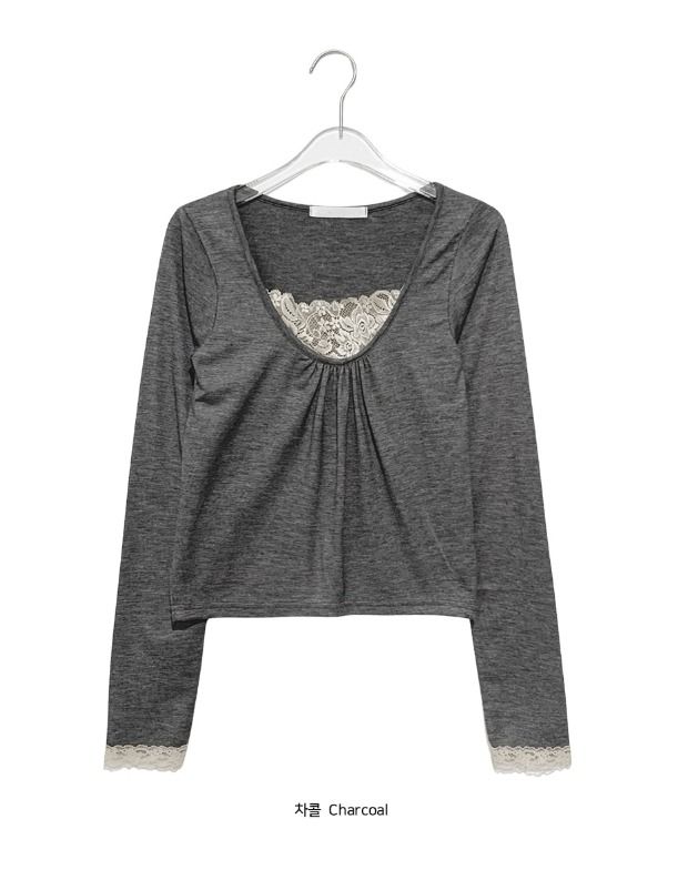 Joyse Lace Layered Shirring Long Sleeve Tee