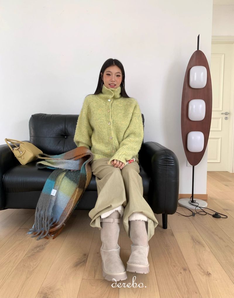 Tender Green Turtleneck Knit Cardigan