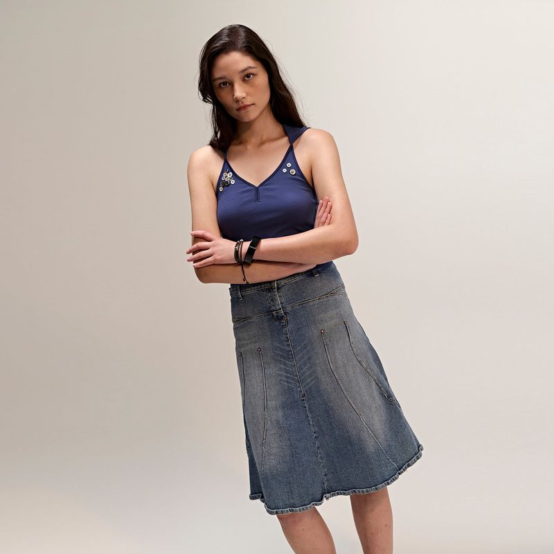 Button Hood Halterneck Top Navy