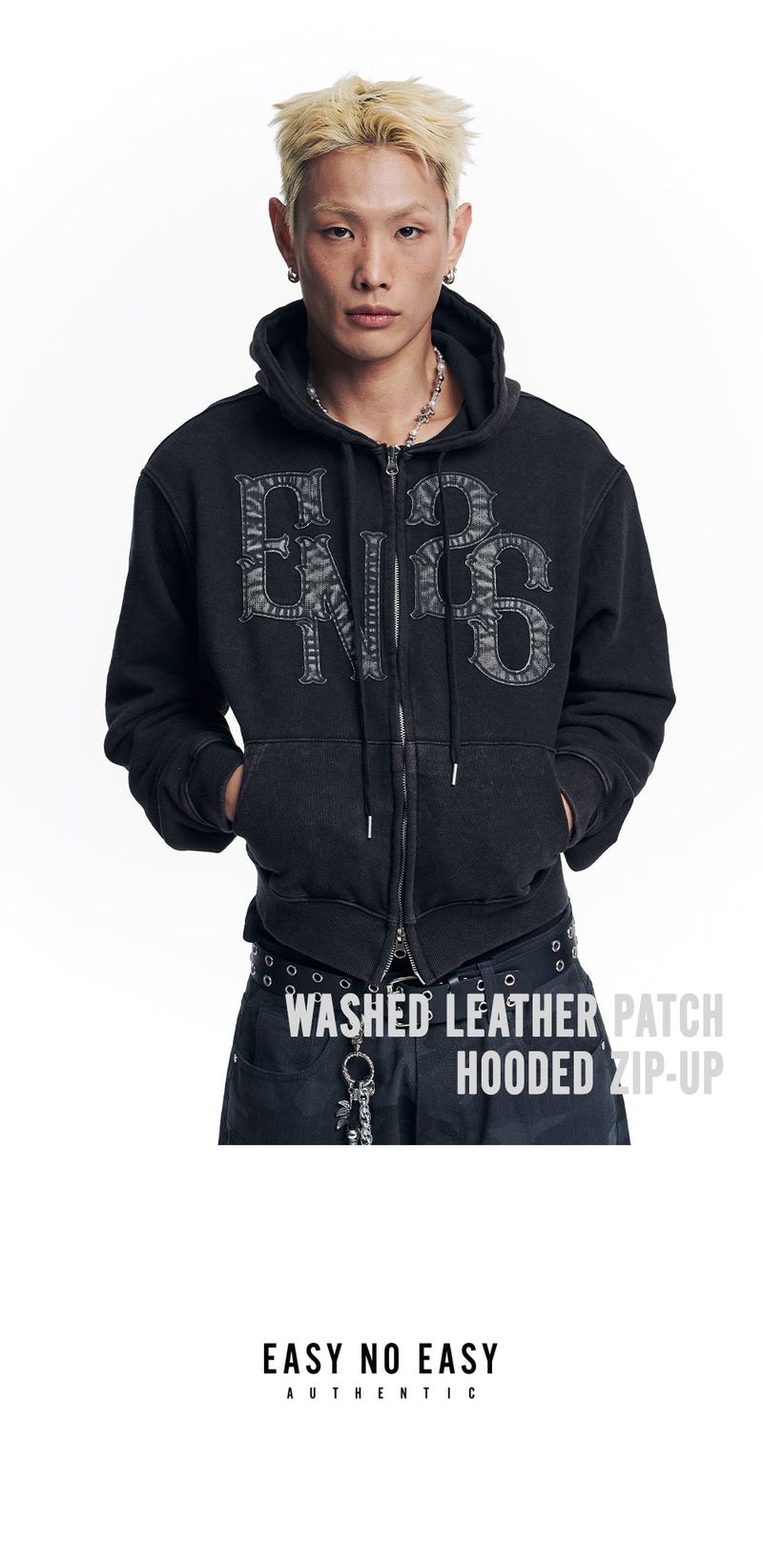 Washed Leather Patch Hooded Zip-Up - Black