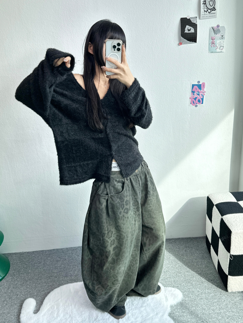 HIDDEN POCKET LEOPARD SPOT BALLOON DENIM🤎💚 - 2 COLORS