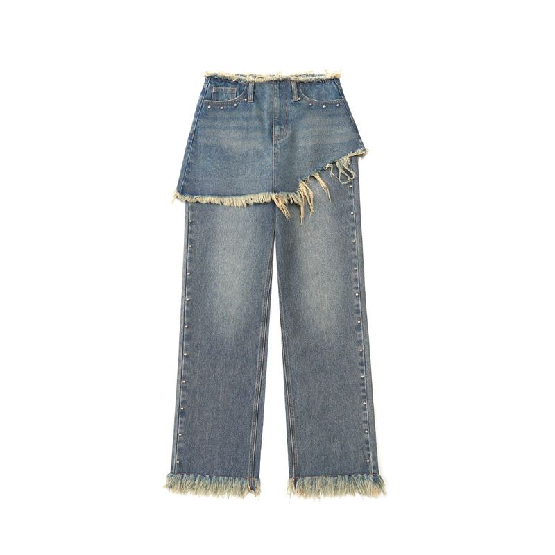 STUD DENIM SKIRT LAYERED PANTS (BLUE)