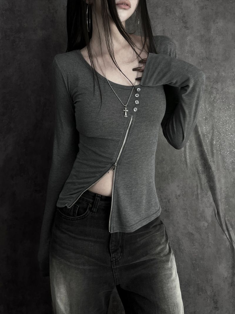 diagonal zipper button T (2color)