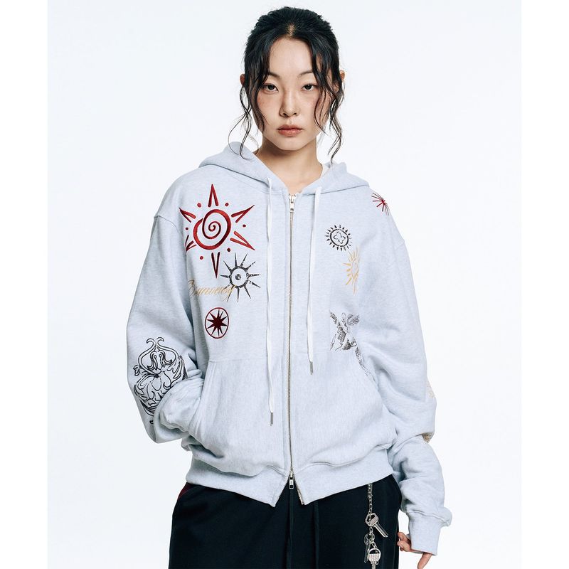 Multi-Print Crop Hoodie Zip-Up - Black