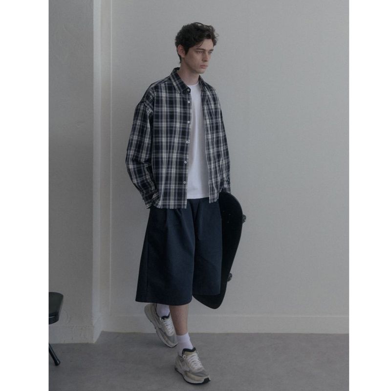 Vintage Washing gray blue check shirts