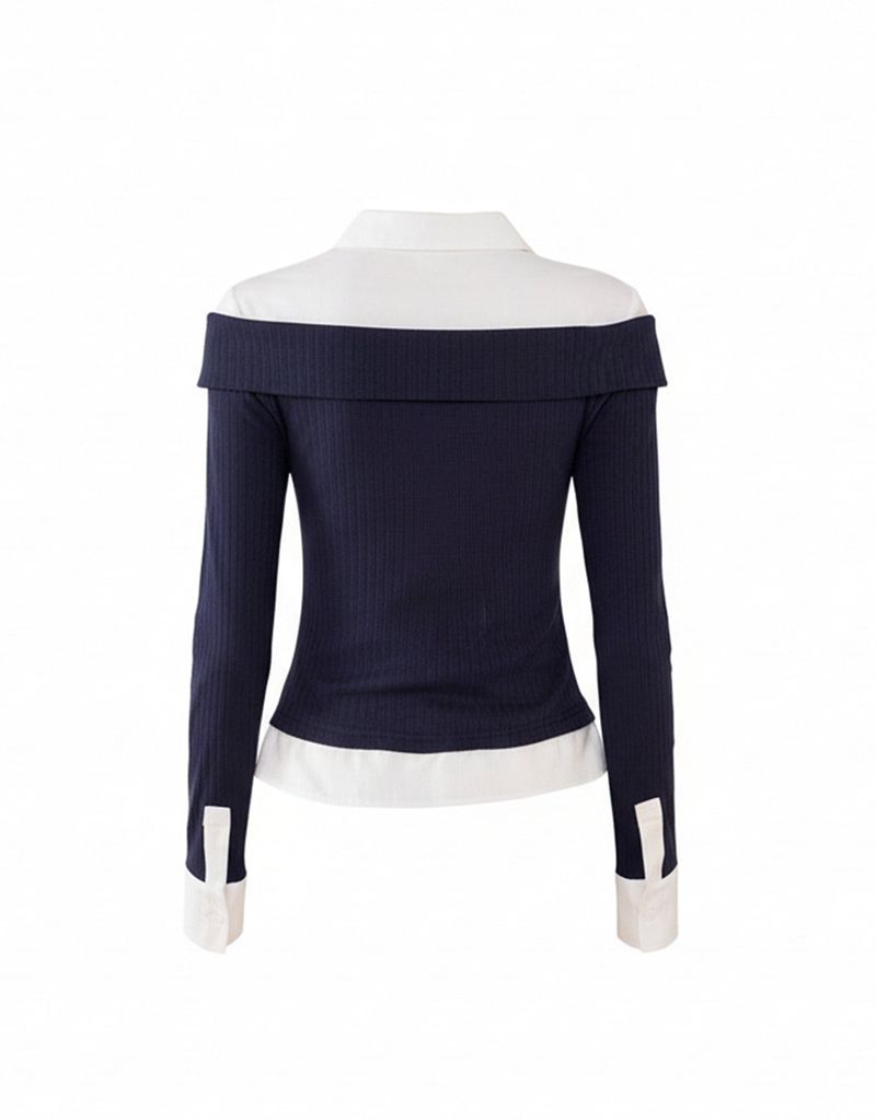 Elise Off-Shoulder Tie Ribbed Knit Navy