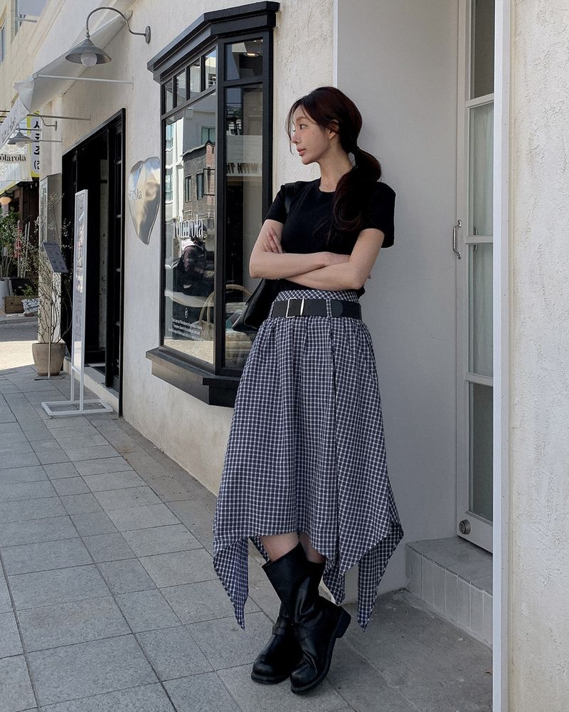 Morang check skirt & belt set