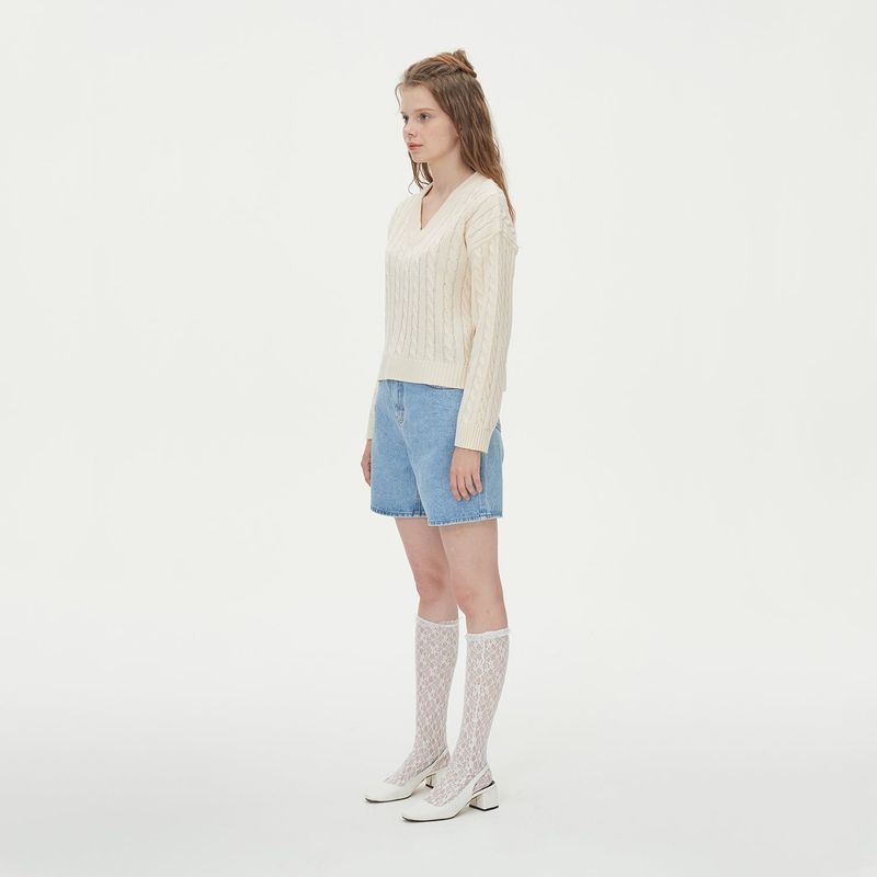 V NECK CABLE CROP KNIT_IVORY